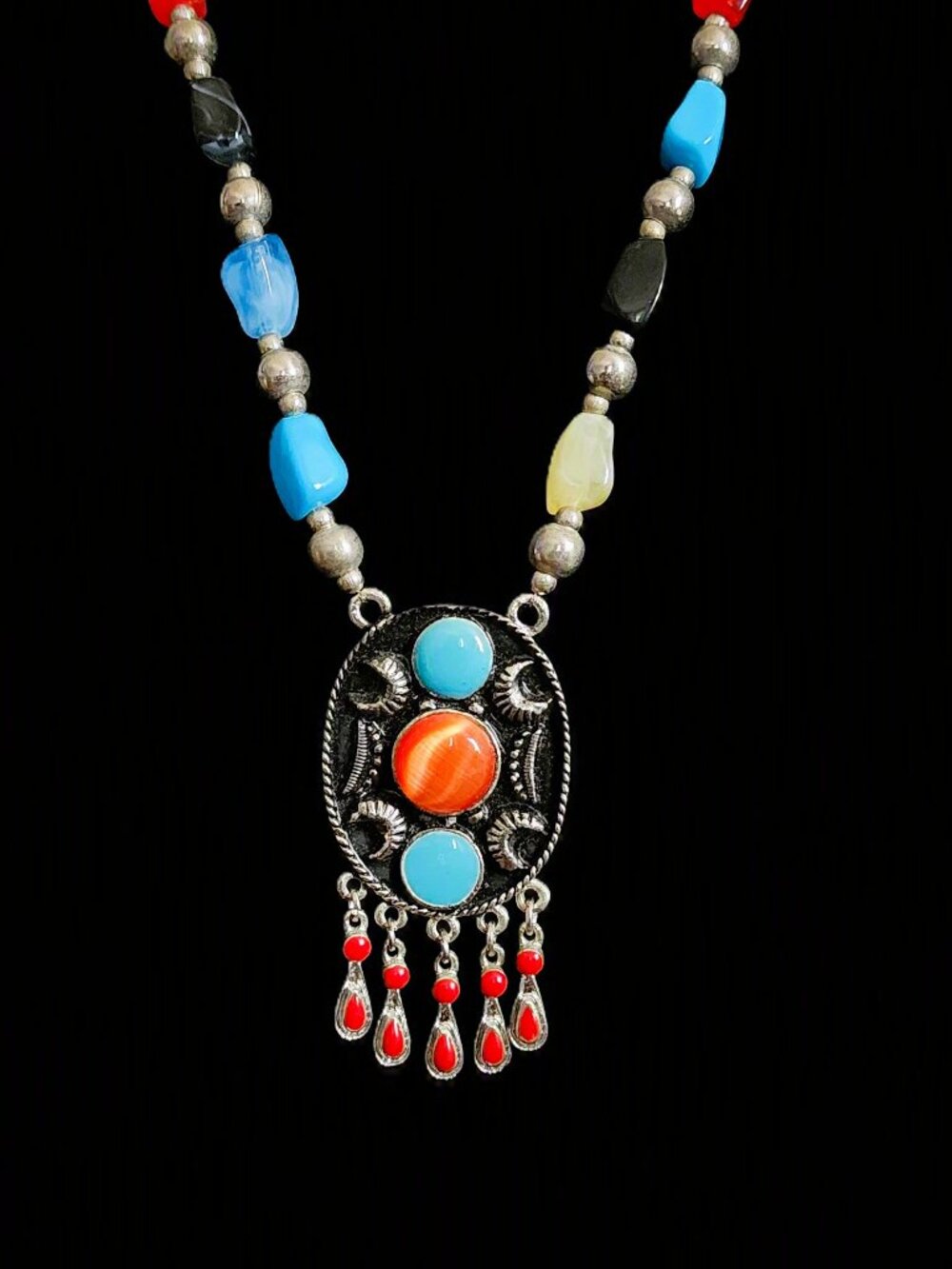 Vintage 90s Southwestern Tribal Boho Statement Necklace 23"  Fringe Tassel